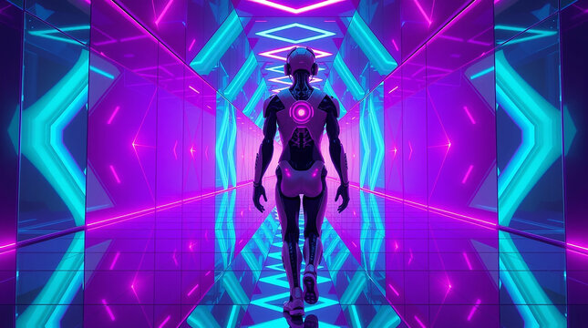 Futuristic cyborg walking in neon lit corridor for science fiction scene - Powered by Adobe