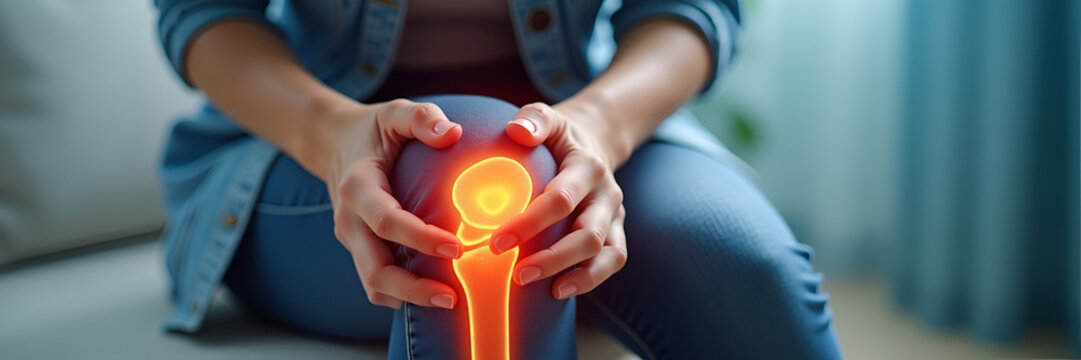 A close-up of a womans hands resting on her knee, depicting a healthcare concept focused on bone pain or trauma, with enough empty space to add medical information or insights.