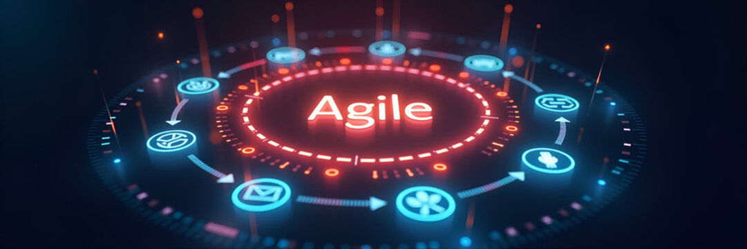 A vibrant circular diagram glowing with Agile in the center, surrounded by iterative process icons, creating a balanced composition with ample copy space.