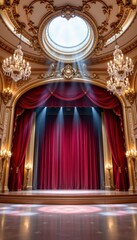 Obraz premium Elegant theater interior with grand red curtains, radiant chandeliers, and a bright skylight illuminating the stage