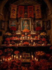 Vibrant Día de Muertos altar celebrating Mexican heritage with candles, marigolds, and traditional offerings