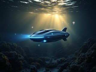 Futuristic Autonomous Underwater Vehicle Exploring the Deep Ocean: Bioluminescent Marine Life, Dramatic Lighting, and High-Tech Design 