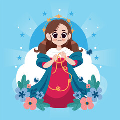 Detailed Religious Flat Composition of Virgin Mary with Child Surrounded by Ornamentation