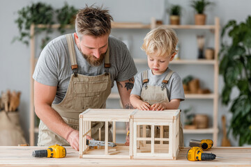 Father and son enjoy a creative afternoon building furniture together