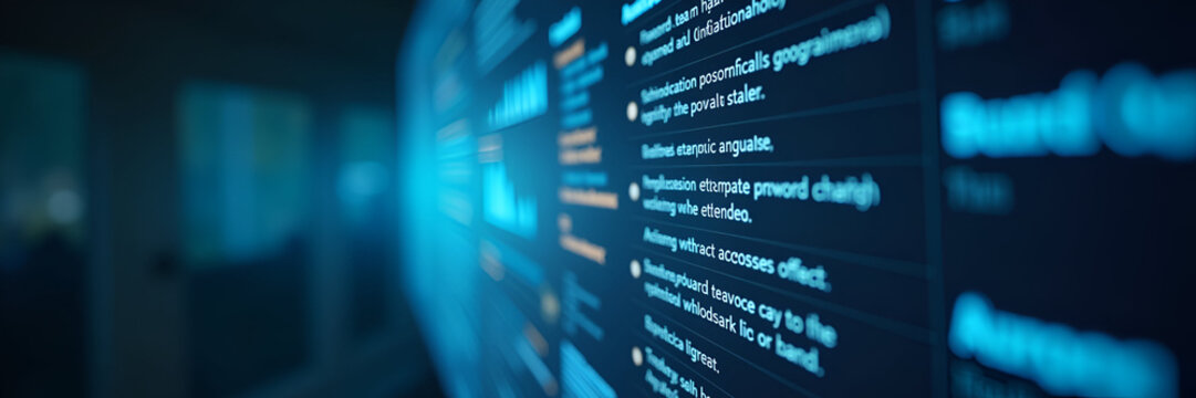 Virtual taskboards being updated with new assignments by a holographic interface, representing effective team collaboration. Ample copy space allows for overlays.