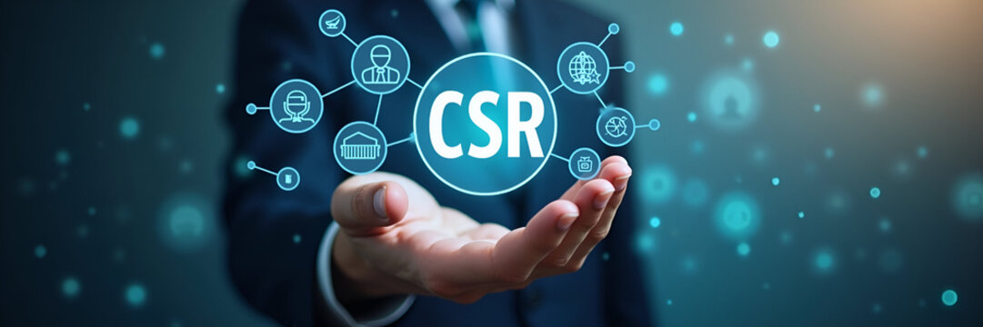 Person presents CSR icons on digital interface representing corporate social responsibility sustainability ethics community and environmental concerns in business. concept as Person presents CSR icons