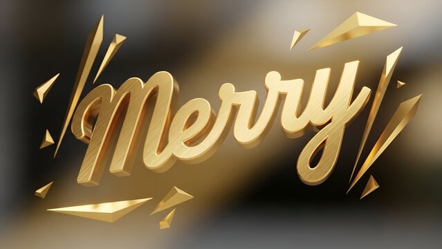 Elegant golden "Merry" script with 3D effect, surrounded by geometric shapes, on a gradient background.