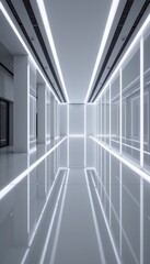 Obraz premium Modern Minimalist Hallway with Bright Neon Lights and Reflection on Glossy Floor in Contemporary Architecture