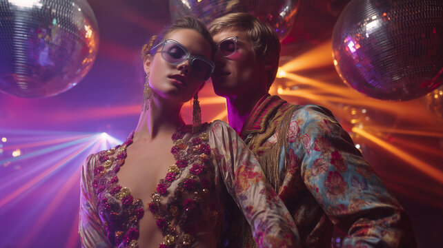 Dancers embrace the night in a vibrant retro club filled with sparkling lights