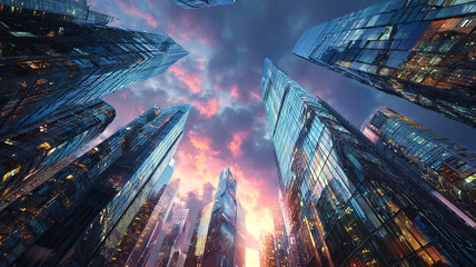 Fototapeta premium Futuristic glass skyscraper reflecting sunset light