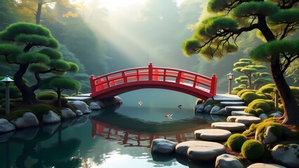 Japanese Bridge in Serene Setting &mdash; red arch over koi pond, surrounded by cherry trees and stone lanterns, ideal for oriental landscaping projects, meditative scenes, or cultural travel inspiration.