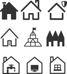 Black and White Set of House Icons with Services and Symbols, Representing Property, Security, Utilities, and Real Estate Investment Vector Collection