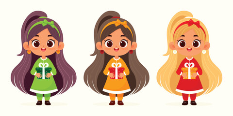 Girls with Present Set Vector Illustration.