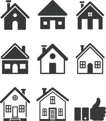 Black and White Silhouette Set of Simple House Icons and Thumbs Up Symbol, Residential Home and Real Estate Vector Collection for Property Approval