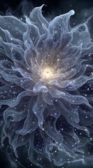 A digitally rendered ethereal flower with translucent petals glows softly against a dark background sprinkled with twinkling light particles, creating a dreamy effect.