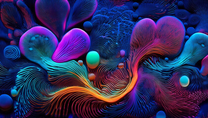A Background Featuring Organic Shapes And Patterns Inspired By Biological Forms All Illuminated In Vibrant Neon Colors