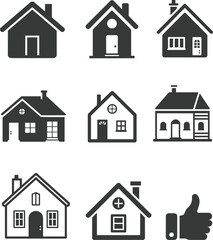 Black Silhouette Set of Traditional House Icons and Thumbs Up Symbol, Residential Building and Real Estate Vector Collection for Property and Approval
