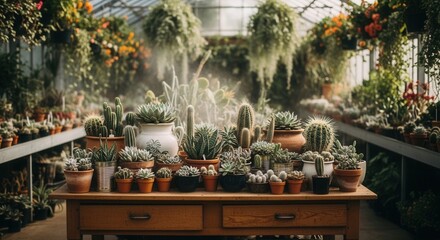 A sunlit greenhouse features a wooden table brimming with diverse potted cacti and succulents surrounded by shelves and hanging plants in the lush background