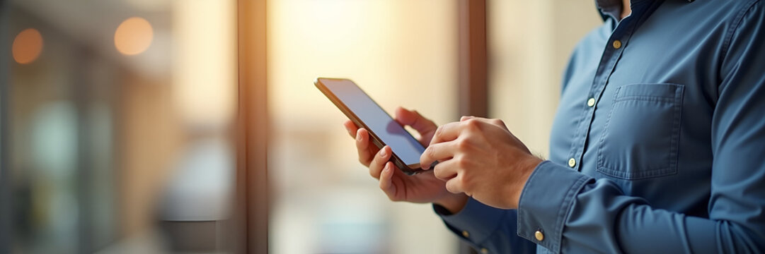 Man uses smartphone to make online payment via mobile banking app symbolizing digital banking internet financial transactions and online shopping in empty space concept as Man makes online payment usi