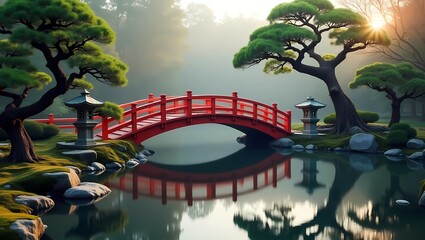 Japanese Bridge in Serene Setting &mdash; red arch over koi pond, surrounded by cherry trees and stone lanterns, ideal for oriental landscaping projects, meditative scenes, or cultural travel inspiration.