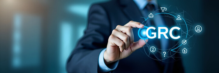 Obraz premium Businessman interacts with GRC icons on digital interface representing governance risk management compliance and business ethics in organizational management. concept as Businessman interacts with GRC