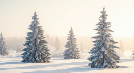 Obraz premium Snowy Evergreen Trees in Winter Landscape with Soft Morning Light