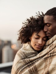African-American couple embracing under a cozy blanket on a rooftop at sunset. Warm and intimate atmosphere, perfect for lifestyle, romance, and outdoor evening concepts.