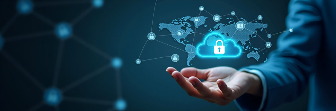 Hand interacting with holographic API interface displaying application programming cloud computing global network security icons symbolizing integration development in empty space concept as Hand uses