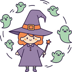 Cute Witch Surrounded by Floating Ghosts – Halloween Cartoon Vector Illustration