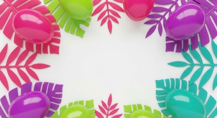 A vibrant arrangement of glossy colorful eggs rests on stylized tropical leaves forming a decorative frame