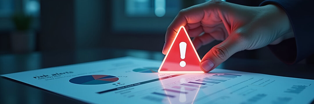 A hand hovering over a holographic warning triangle alongside a risk analysis report, designed with negative space to effectively highlight risk alerts and their importance in decision-making.