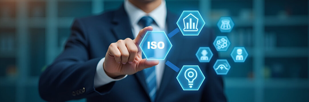 Businessman touches ISO certification symbols on digital interface representing quality assurance compliance global standards and international standardization. concept as Businessman touches ISO cert