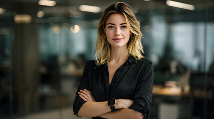 Fototapeta premium Confident woman with blonde hair standing in modern office environment, showcasing professional demeanor
