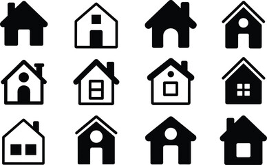 Black and White Simple House Icons Set, Minimalist Home and Residential Building Silhouette Vector Collection for Real Estate and Property Graphics
