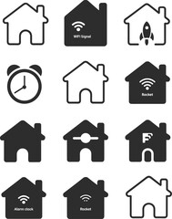 Black and White Set of Smart Home and Innovative Technology Icons, House Silhouette with Wi-Fi, Alarm Clock, and Rocket Symbols for Automation