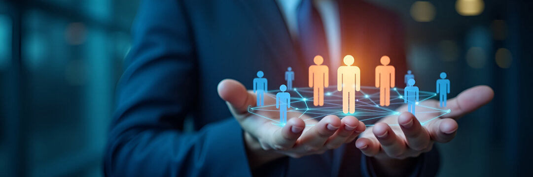 A dynamic representation of a holographic network interconnecting employee icons, illustrating team management concepts. The composition has strategic copy space for added messaging.