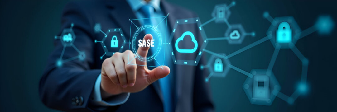 Businessman interacts with SASE icons on digital interface representing secure access service edge technology cloud security network management and cybersecurity solutions. concept as Businessman inte