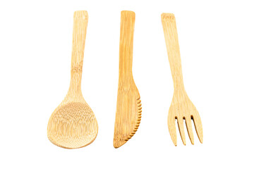 recycled wooden cutlery on isolated white background