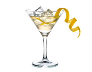 Refreshing clear cocktail in a martini glass with ice cubes and a vibrant yellow lemon twist isolated on transparent background