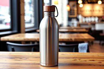 Portrait of a stylish reusable metal water bottle with a wooden lid on a cafe table with copy space
