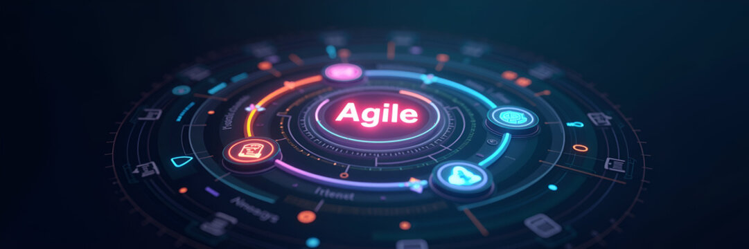 A vibrant circular diagram glowing with Agile in the center, surrounded by iterative process icons, creating a balanced composition with ample copy space.