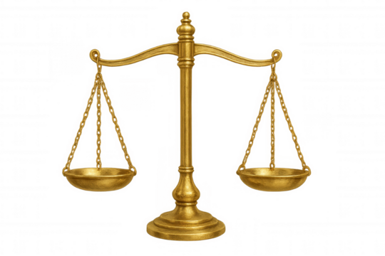 Golden scales of justice balancing legal equality and judgment concept on transparent background