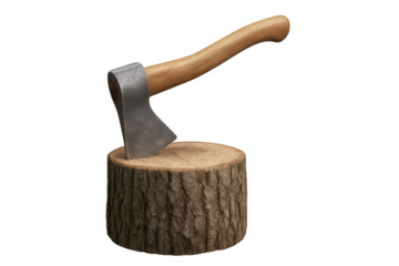 Axe with wooden handle chopping into tree stump, felling timber, cutting wood fuel, transparent background