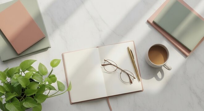 A white marble surface with an open notebook glasses a pen a coffee mug stacked books and a green potted plant illuminated by natural light - Powered by Adobe