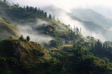 Misty mountain landscape with terraced fields