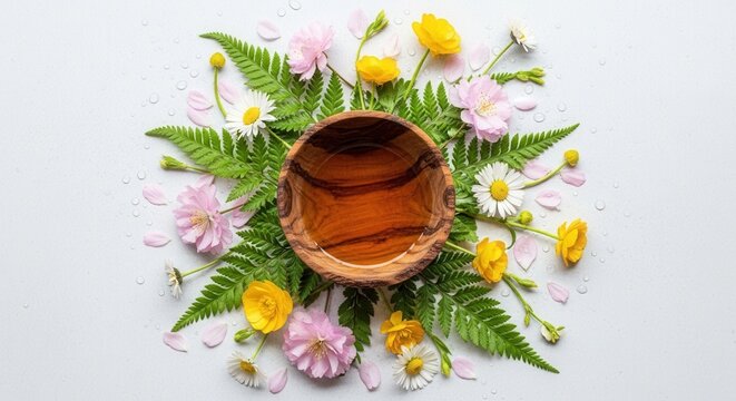 A wooden bowl with amber liquid is surrounded by green ferns pink blossoms yellow flowers white daisies and scattered petals on a light surface with water droplets - Powered by Adobe
