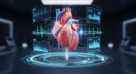 Human heart model surrounded by digital graphs and hud elements in dark room