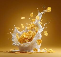 Milk and cereal splash, golden flakes in white liquid