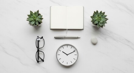 An overhead shot of desk essentials two potted succulents an open notebook with a pen eyeglasses a clock and a smooth white stone on a marble surface