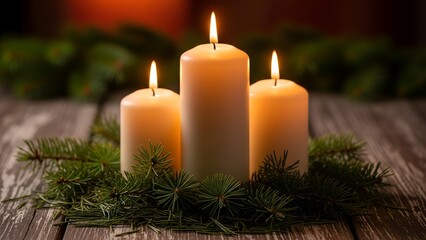 Three lit candles with flames on a rustic wooden surface surrounded by evergreen branches.